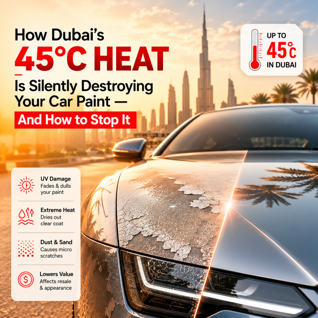 How Dubai's 45°C heat damages car paint - before and after comparison showing oxidized versus glossy protected paint