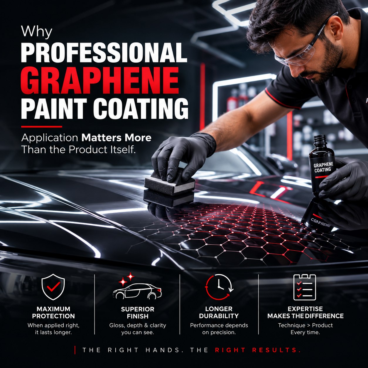 Professional detailer applying graphene paint protection coating to a car in Dubai